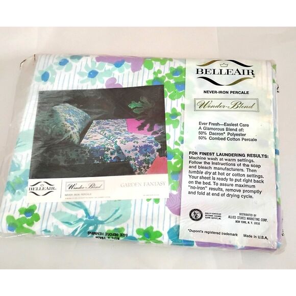 Vintage 1970s Belleair Wonder Blend Double Flat Sheet, Garden Fantasy Floral - Picture 2 of 3